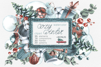 Cozy knitted winter watercolor clip art