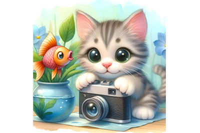 Kitten and fish in his hand take a photo