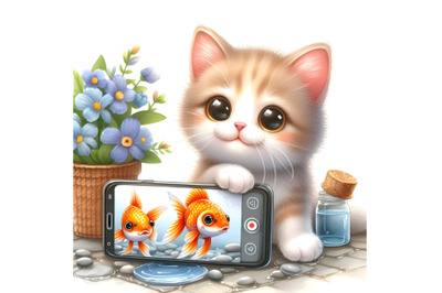 Kitten and fish in his hand take a photo