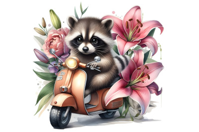 Raccoon cub on moped and lily flowers