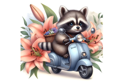 Raccoon cub on moped and lily flowers