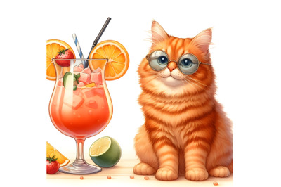 Ginger cat in glasses drinks a cocktail