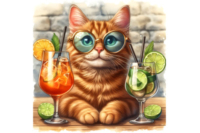 Ginger cat in glasses drinks a cocktail