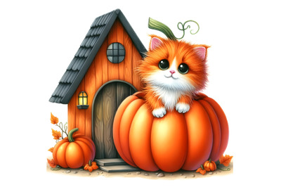 A fluffy red kitten peeks out of a pumpkin house