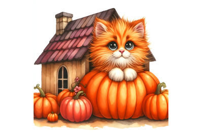 A fluffy red kitten peeks out of a pumpkin house