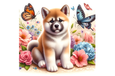 Akita Inu puppy, butterfly, and flowers