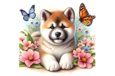 Akita Inu puppy, butterfly, and flowers