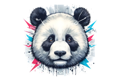 Big panda portrait in grunge style with blots and splashes
