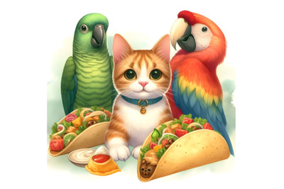 Cat&2C; parrot&2C; and tacos in paw