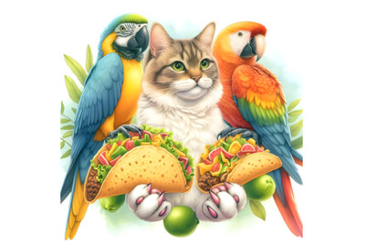 Cat&2C; parrot&2C; and tacos in paw