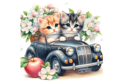 Two kittens in the car and apple blossoms