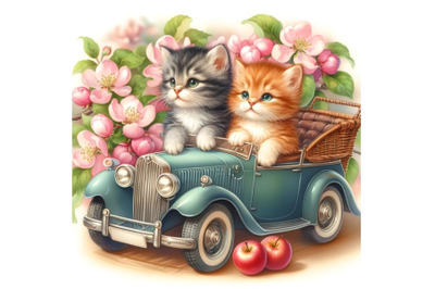 Two kittens in the car and apple blossoms