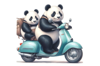 Two pandas ride a moped