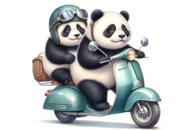 Two pandas ride a moped