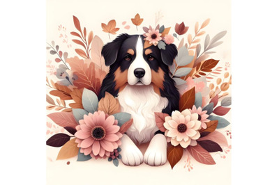 Dog, flowers, and autumn leaves