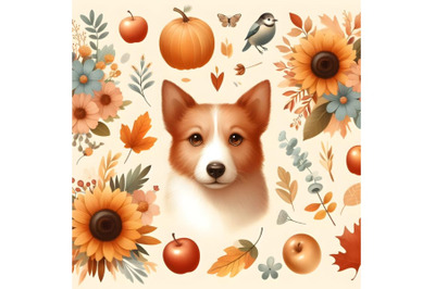 Dog, flowers, and autumn leaves