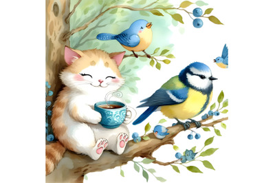 Cat and bird drinking coffee