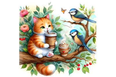 Cat and bird drinking coffee