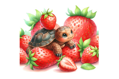 Little turtle and big strawberry