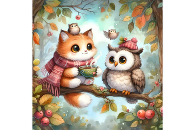 Cat and owl drink tea in the forest