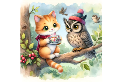 Cat and owl drink tea in the forest