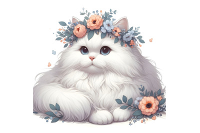 Fluffy white cat and a wreath