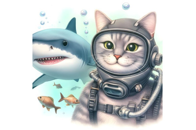 Cat diver and shark that smiles