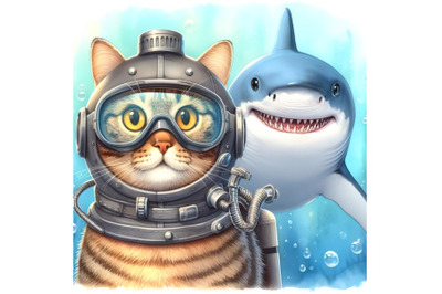 Cat diver and shark that smiles