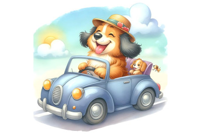 Cheerful dog rides in a car