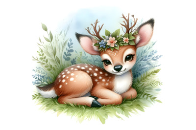 Cute deer lies in the grass