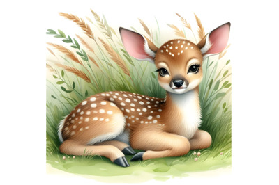 Cute deer lies in the grass