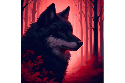 Black wolf in the red forest