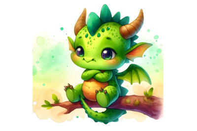 A little green dragon sitting on a branch