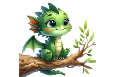 A little green dragon sitting on a branch