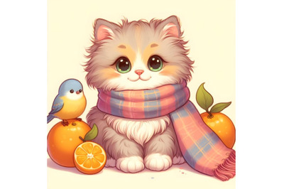 A fluffy kitten in a scarf