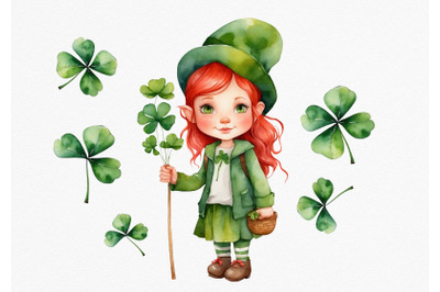 Saint Patricks Day watercolor clipart. Red hair fairy, irish shamrock,