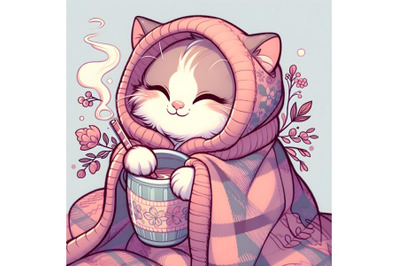 A cat wrapped in a blanket drinks from a cup