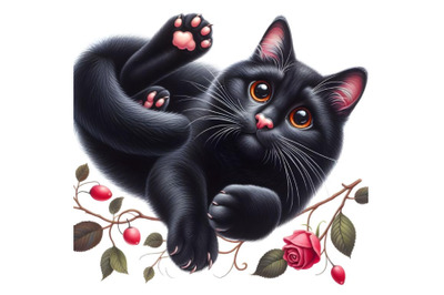 A cunning black cat lies dangling its paws