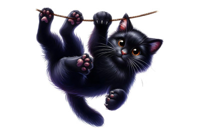 A cunning black cat lies dangling its paws