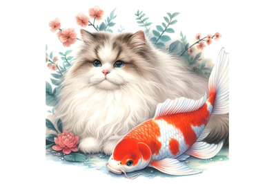 Fluffy cat and Koi Japanese fish