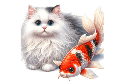 Fluffy cat and Koi Japanese fish