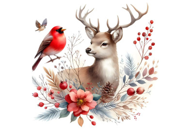 Deer&2C; red bird and flowers
