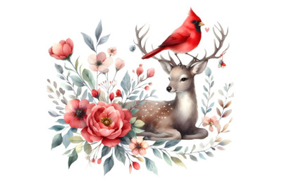 Deer, red bird and flowers