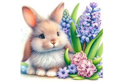 Easter bunny and a bouquet of hyacinths