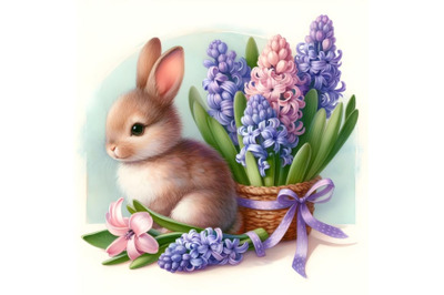 Easter bunny and a bouquet of hyacinths