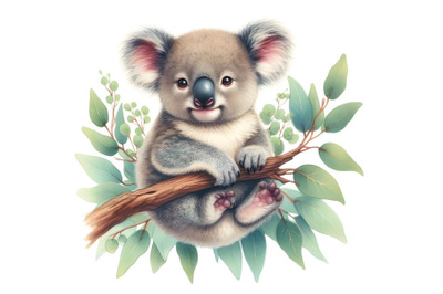 Baby koala on a eucalyptus branch