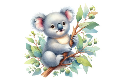 Baby koala on a eucalyptus branch