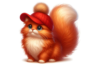 big fluffy tail in a red cap