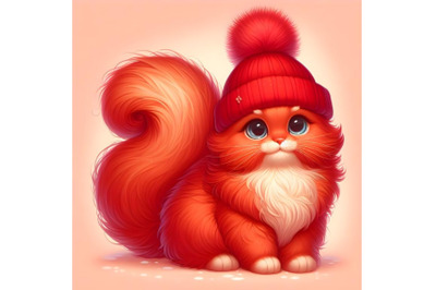 big fluffy tail in a red cap