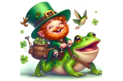 Cheerful leprechaun rides a frog